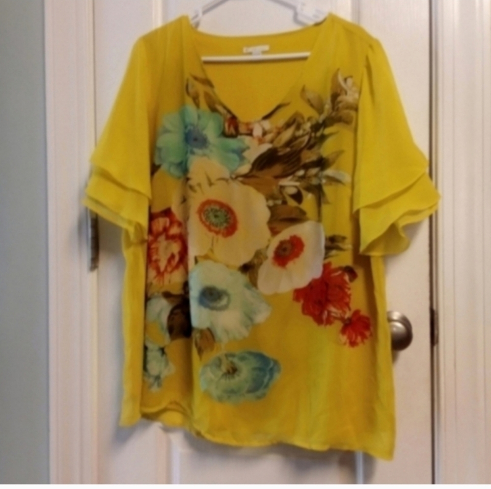 Cato Yellow With Multicolor Floral Women's Top 18/20 Dressy Party Career Office